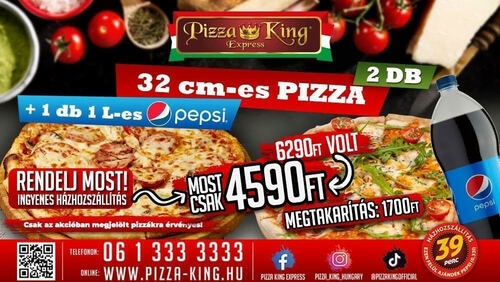 Pizza King 11 - 2 darab normál 32cm pizza, 1l pepsivel - Szuper ajánlat - Online rendelés